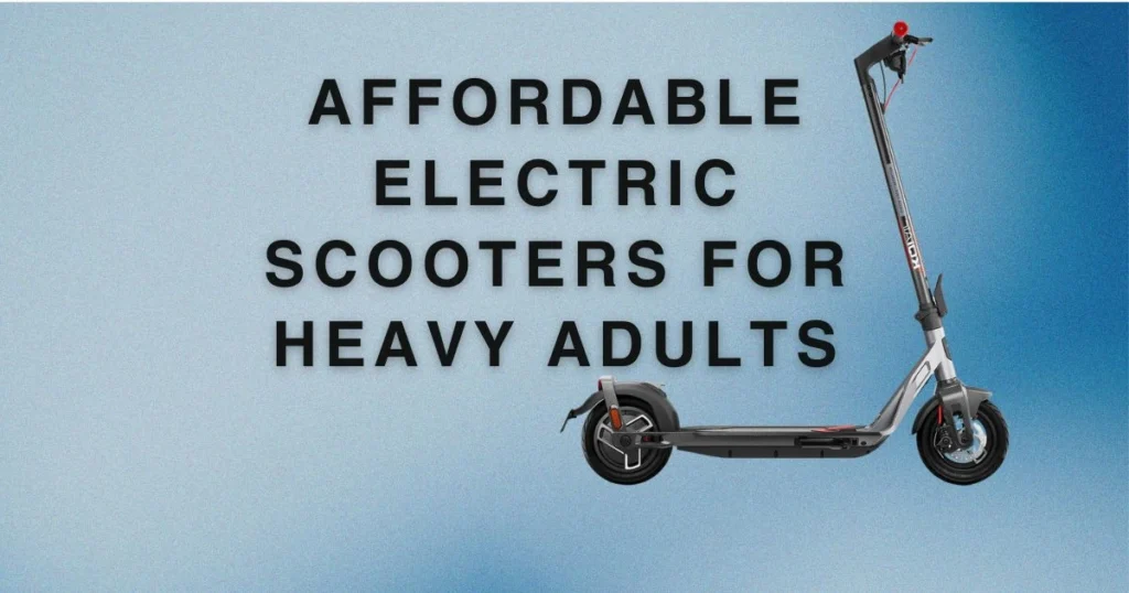 Sturdy electric scooter with a wide deck and durable frame designed for heavy adults, parked on a scenic urban street